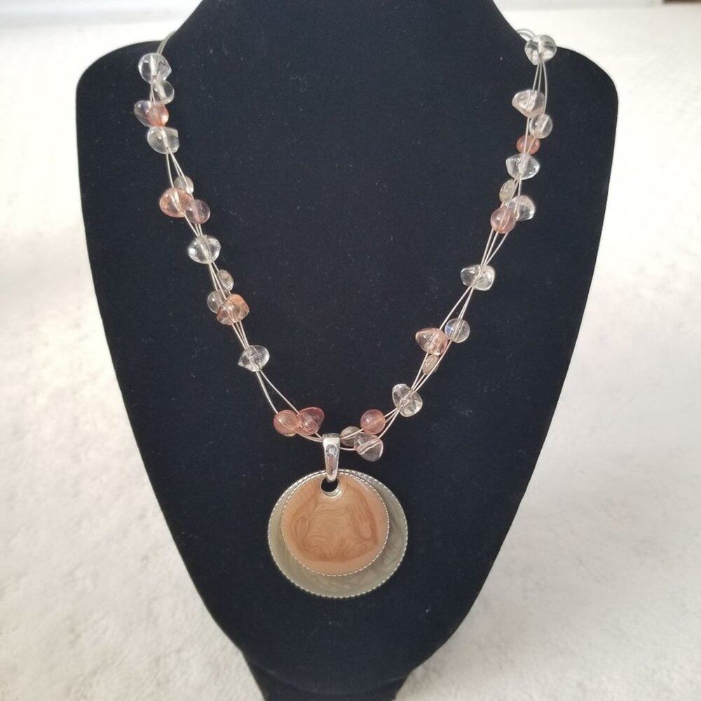 Wire Beaded Double Medallion Necklace Light‎ Brown Swirl Neutral 22-24"